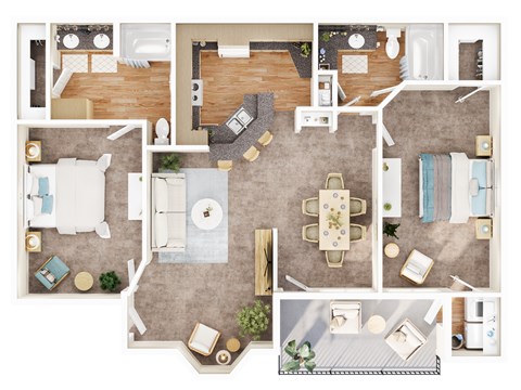 Floor plan for 2 beds, 2 baths, 1047 sqft
